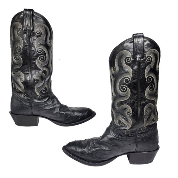 Tony Lama Boots Ostrich Leather Black Heeled Cowboy Tall - Picture 2 of 8